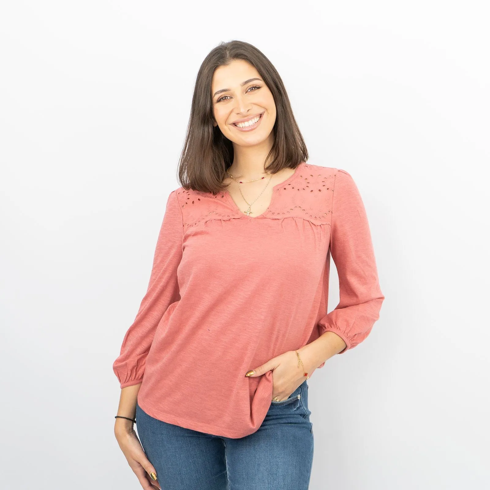 Womens T-Shirt Red Long Sleeve Cotton Relaxed Summer Blouse Casual Work Soft