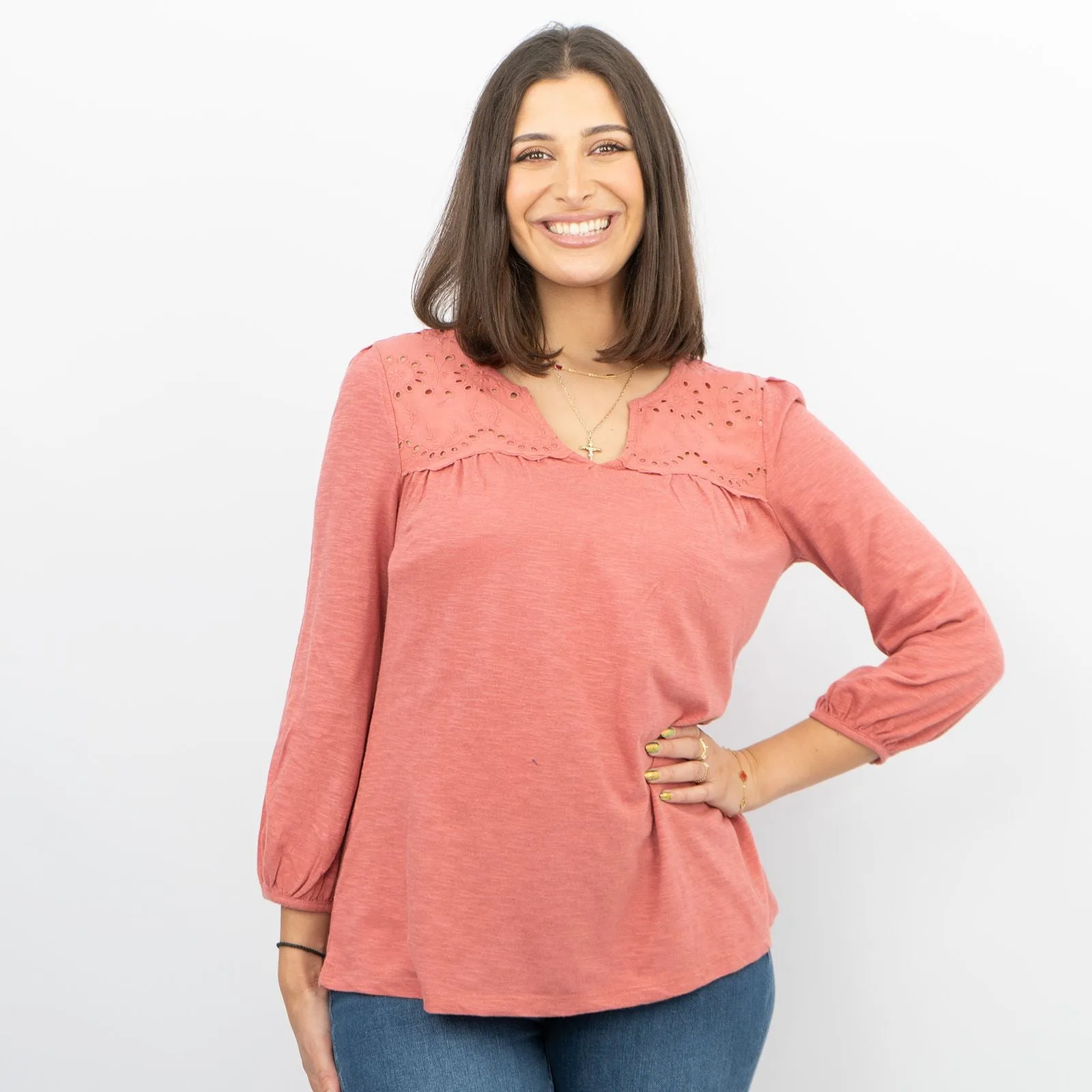 Womens T-Shirt Red Long Sleeve Cotton Relaxed Summer Blouse Casual Work Soft