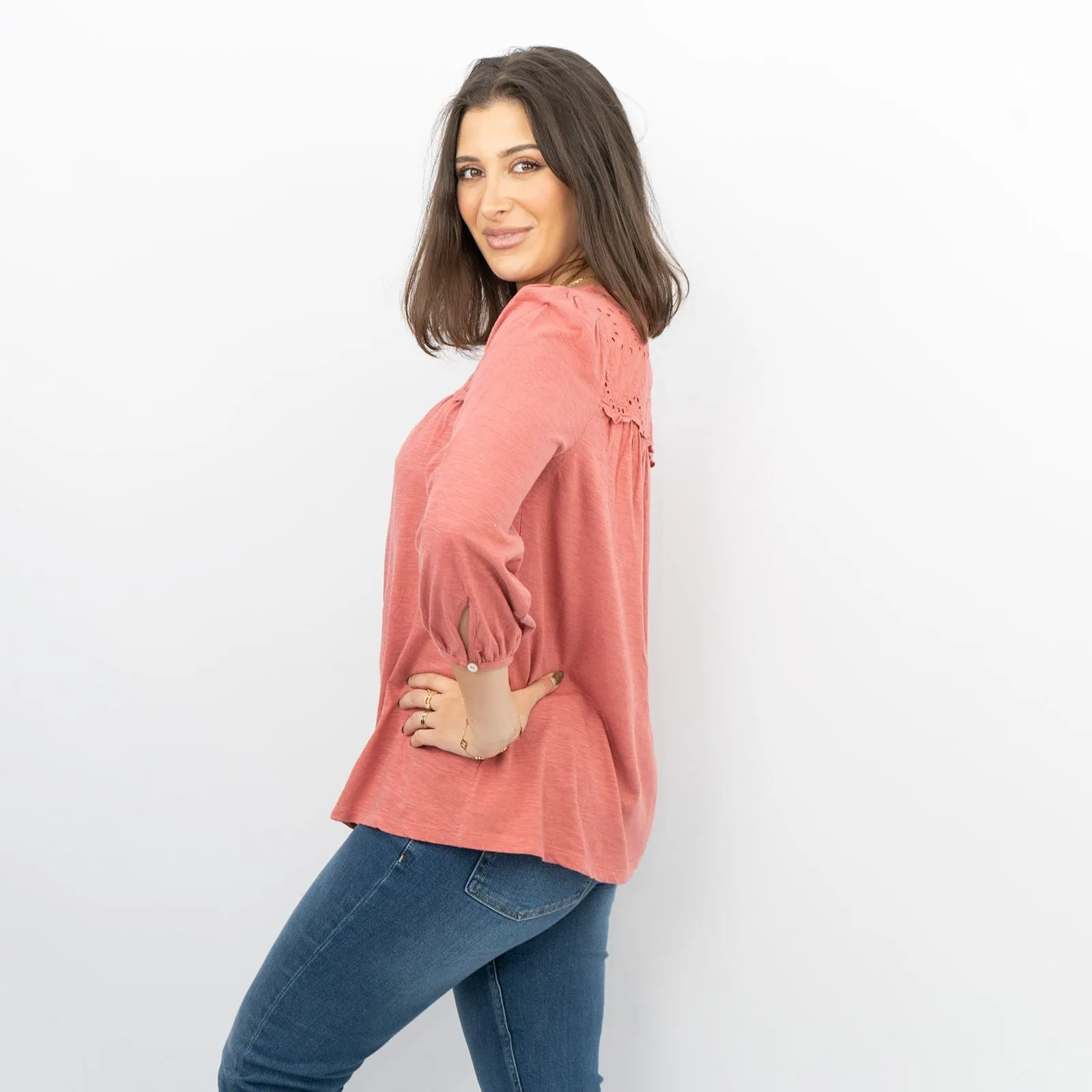 Womens T-Shirt Red Long Sleeve Cotton Relaxed Summer Blouse Casual Work Soft