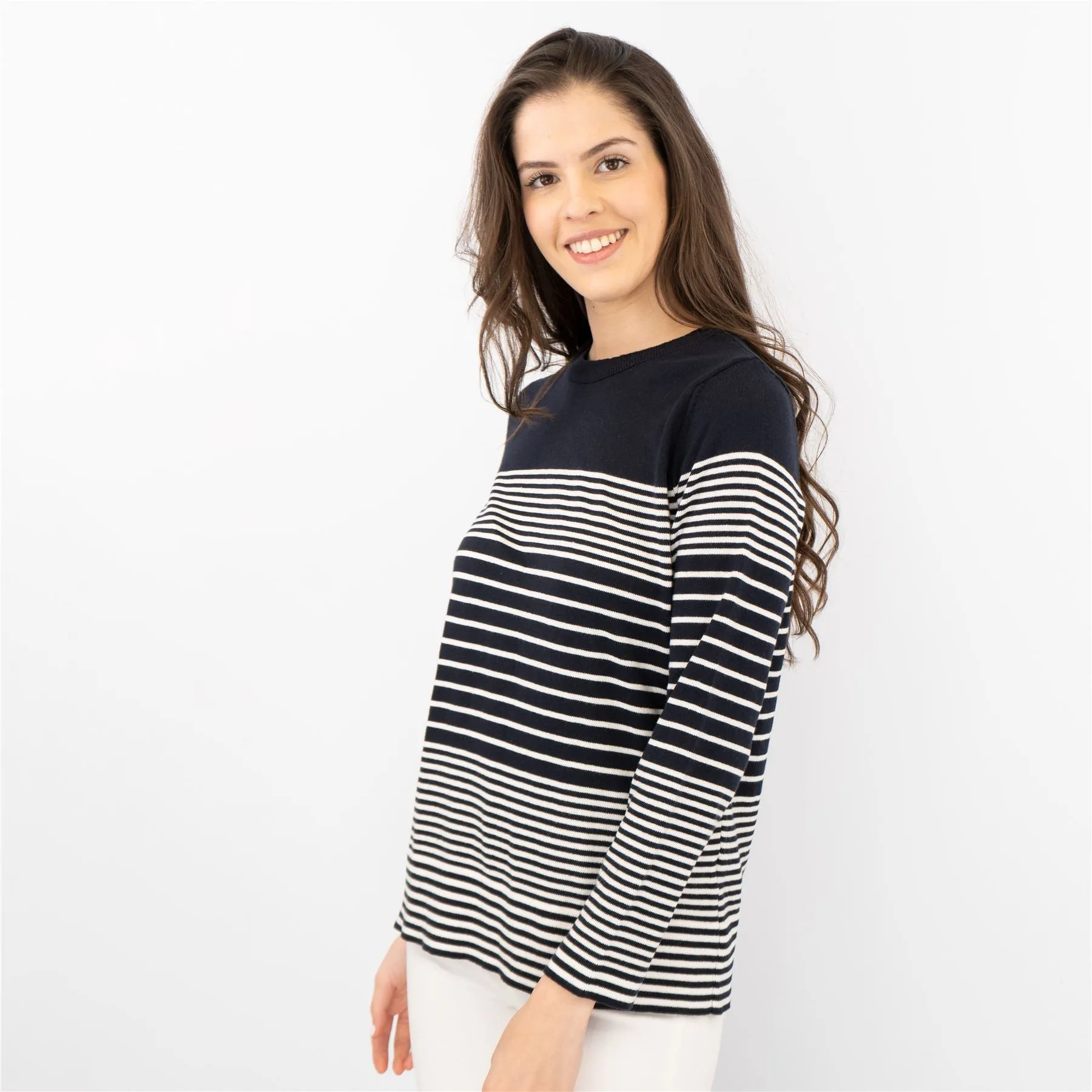 Wood On The Hill Women Long Sleeve Navy Striped Lightweight Jumpers