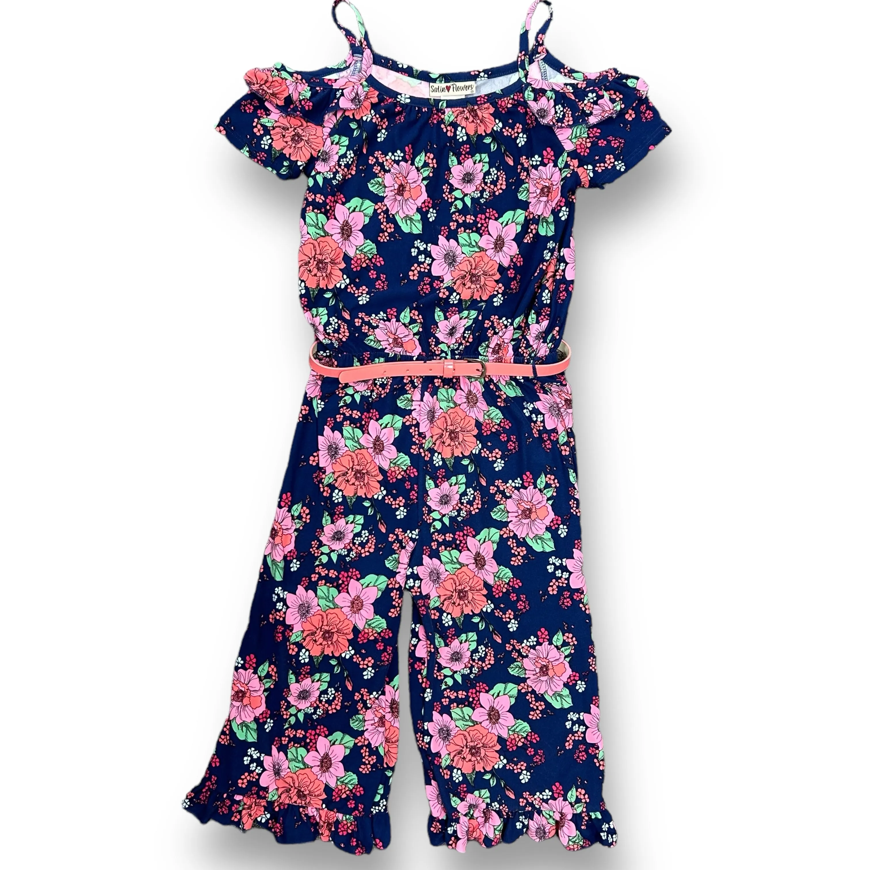 Youth Girls Size 10 Satin Flowers Navy & Pink Floral Print Belted Mid-Calf Jumpsuit