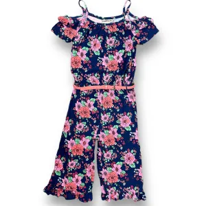 Youth Girls Size 10 Satin Flowers Navy & Pink Floral Print Belted Mid-Calf Jumpsuit