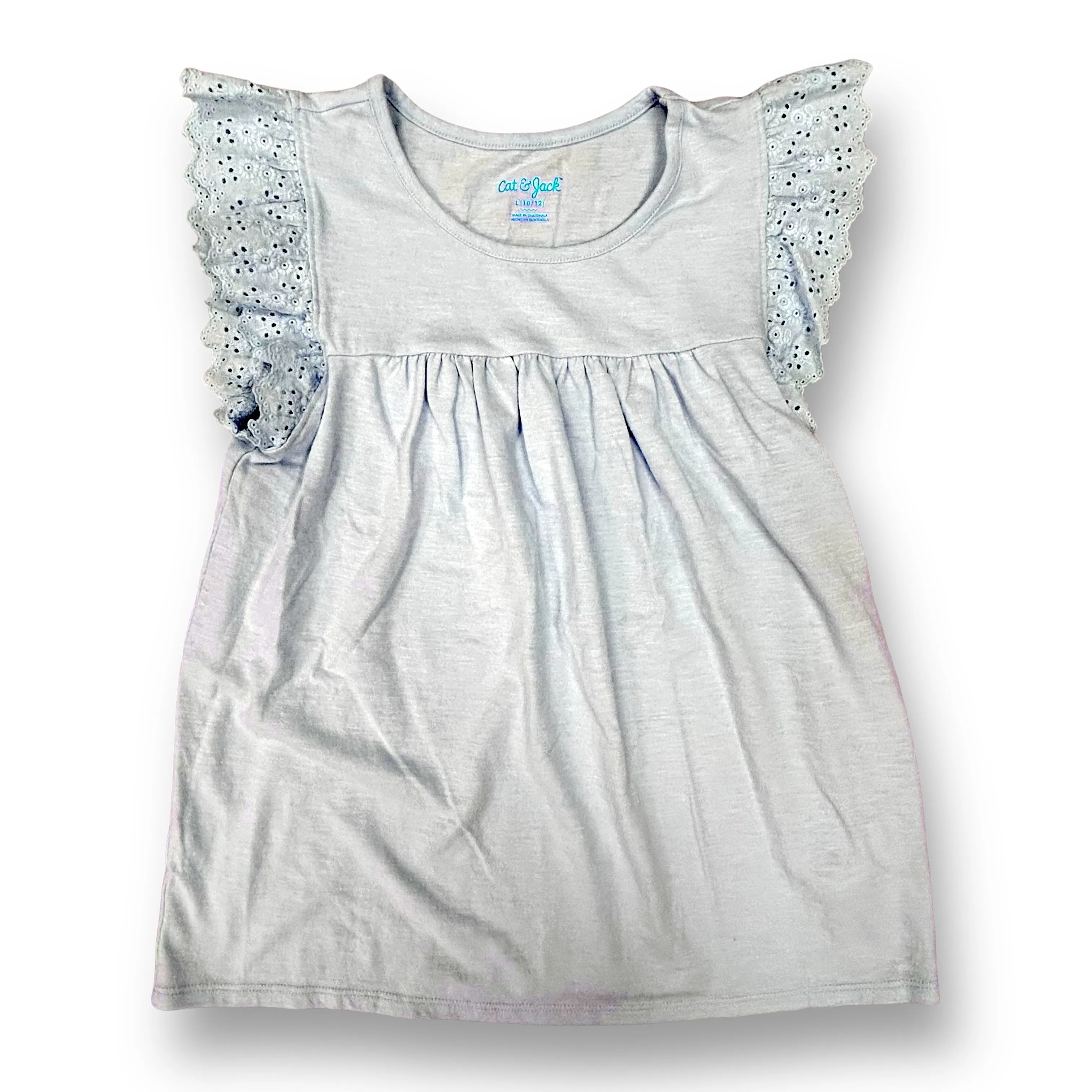 Youth Girls Size 10/12 Baby Blue Eyelet Lace Flutter Sleeve Cotton Blouse